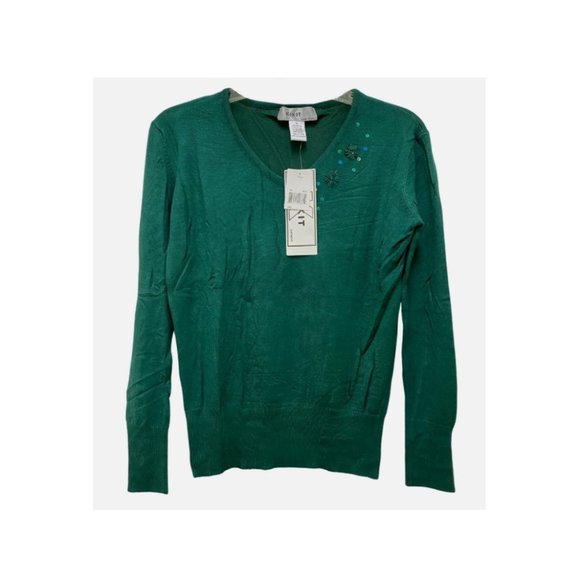 Vintage KIKIT Solid Teal Pullover V-Neck Long Sleeves Sweater Size M - New WT - Picture 1 of 6